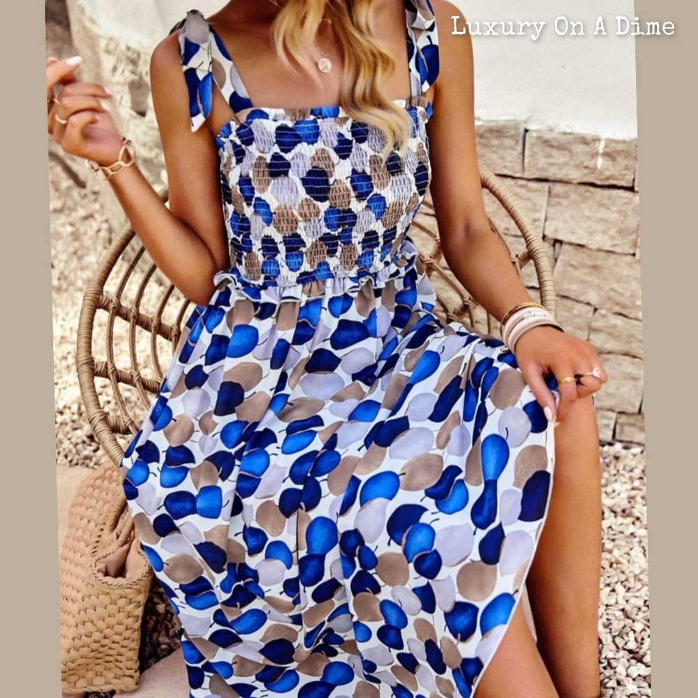 Vibrant Blue Circle Abstract Leaf Sleeveless Smocked Bodice Summer Midi Dress - Picture 2 of 10